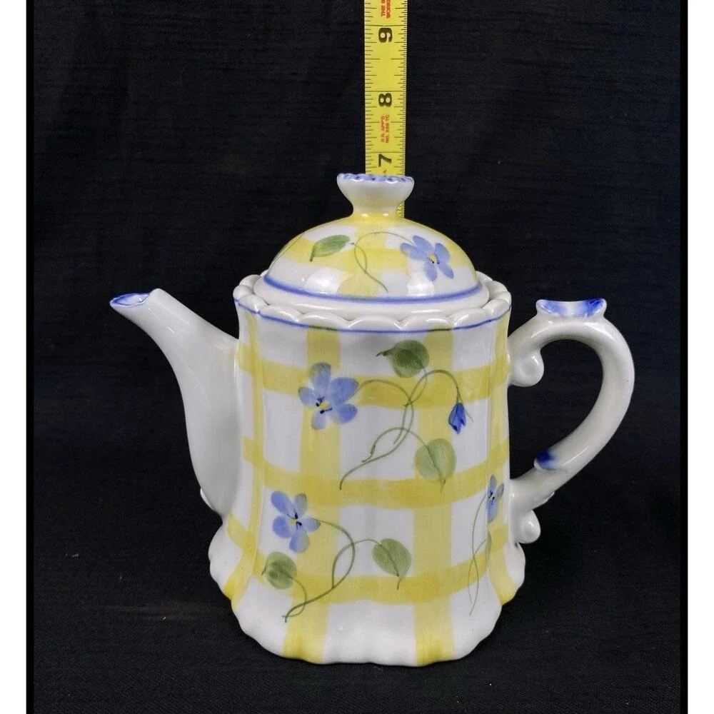 Vintage Andrea by Sadek Teapot Yellow Plaid Check Blue Violets Flowers 7